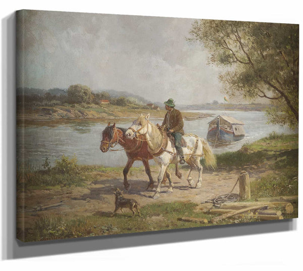 Fritz Van Der Venne Farmer With Horses By A River By Fritz Van Der Venne