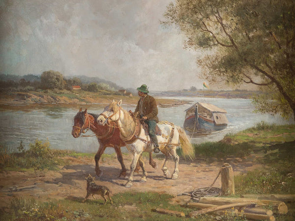 Fritz Van Der Venne Farmer With Horses By A River By Fritz Van Der Venne