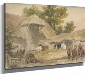 Farmyard With Horses Waiting By Robert Hills