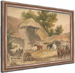 Farmyard With Horses Waiting By Robert Hills