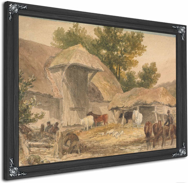 Farmyard With Horses Waiting By Robert Hills