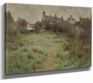 Farmyard With Sheep Grazing By Robert Russell Macnee