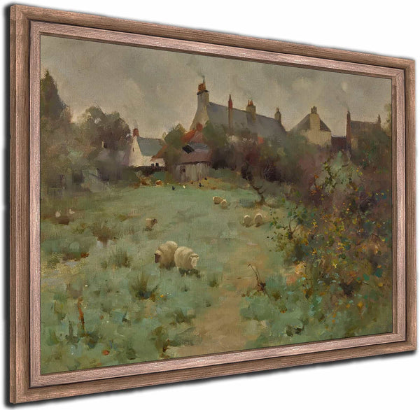 Farmyard With Sheep Grazing By Robert Russell Macnee