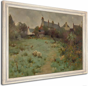 Farmyard With Sheep Grazing By Robert Russell Macnee