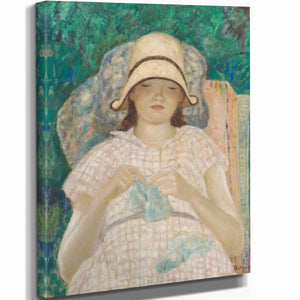 Frederick Carl Frieseke 11" x 14" / Stretched Canvas Wrap Girl Knitting By Frederick Carl Frieseke