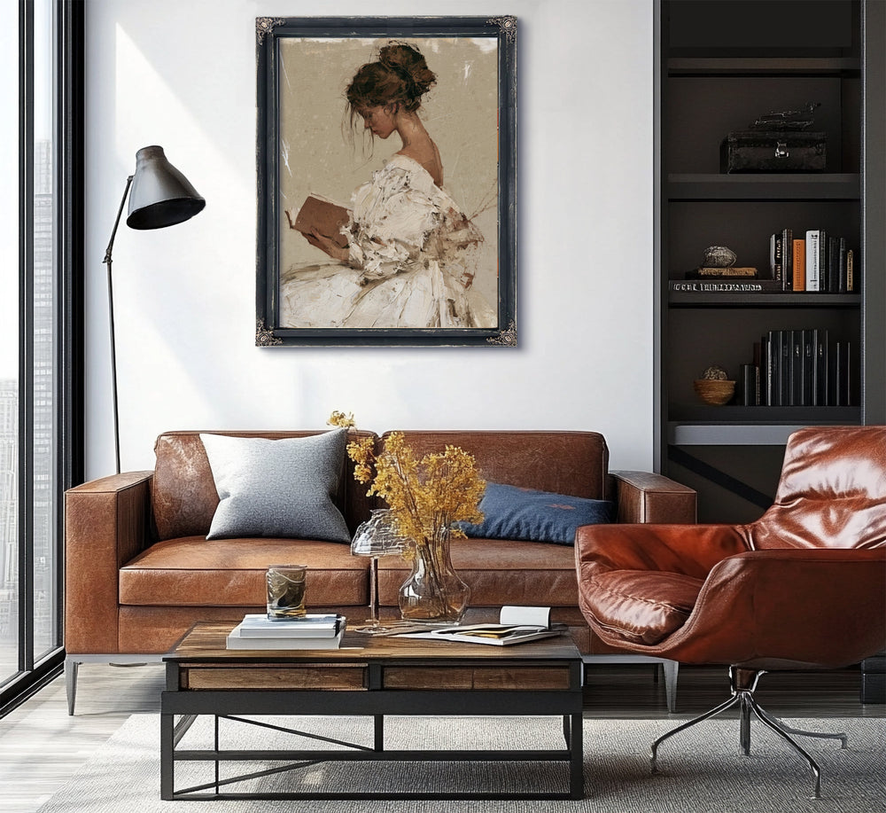 Girl Reading by Warm Window Light, Large Textured Wall Art, Figurative Wall Art, Mixed Media Acrylic Canvas