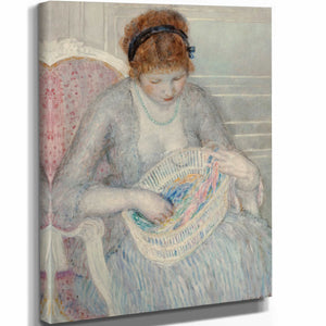 Frederick Carl Frieseke 11" x 14" / Stretched Canvas Wrap Girl With A Basket Of Ribbons By Frederick Carl Frieseke