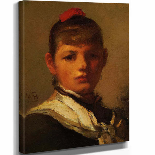 William Morris Hunt 11" x 14" / Stretched Canvas Wrap Girl With Red Hair Ribbon By William Morris Hunt