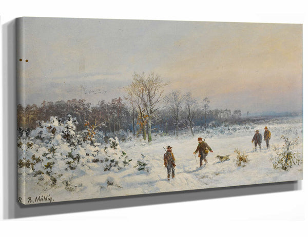 Bernhard Muhlig 18" x 12" / Stretched Canvas Wrap Hunters In The Snow By Bernhard Muhlig