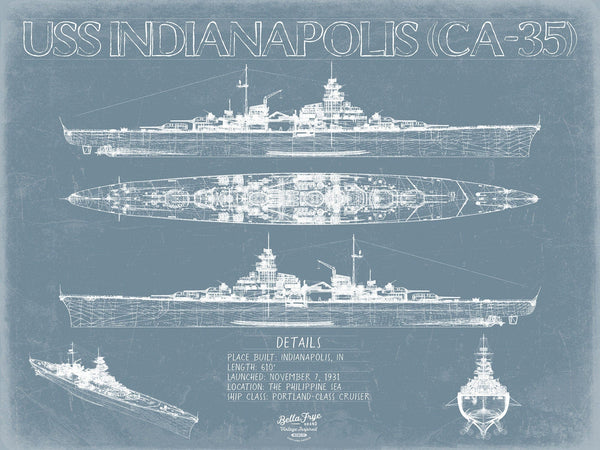 Bella Frye USS Indianapolis (CA-35) Blueprint Wall Art - Original Cruiser Print