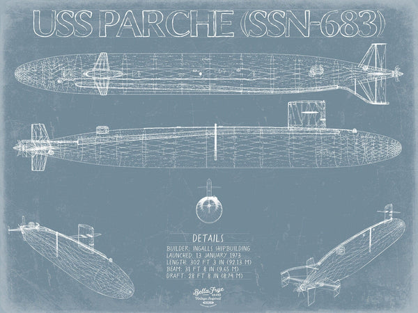 Bella Frye USS Parche (SSN-683) Blueprint Wall Art - Original Nuclear-powered Attack Submarine Print