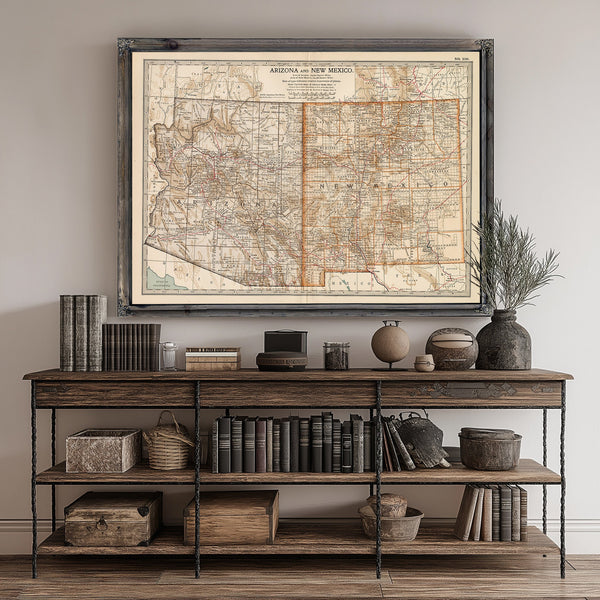 Framed Arizona And New Mexico Vintage Map - Ornate Embellishment Frame with Print