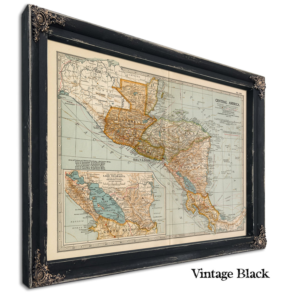 Framed Central America Vintage Map - Ornate Embellishment Frame with Print