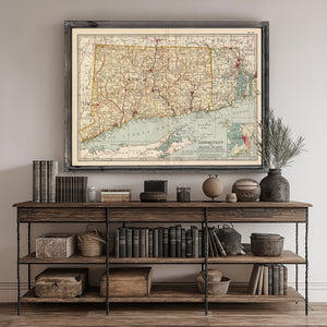 Framed Connecticut And Rhode Island Vintage Map - Ornate Embellishment Frame with Print