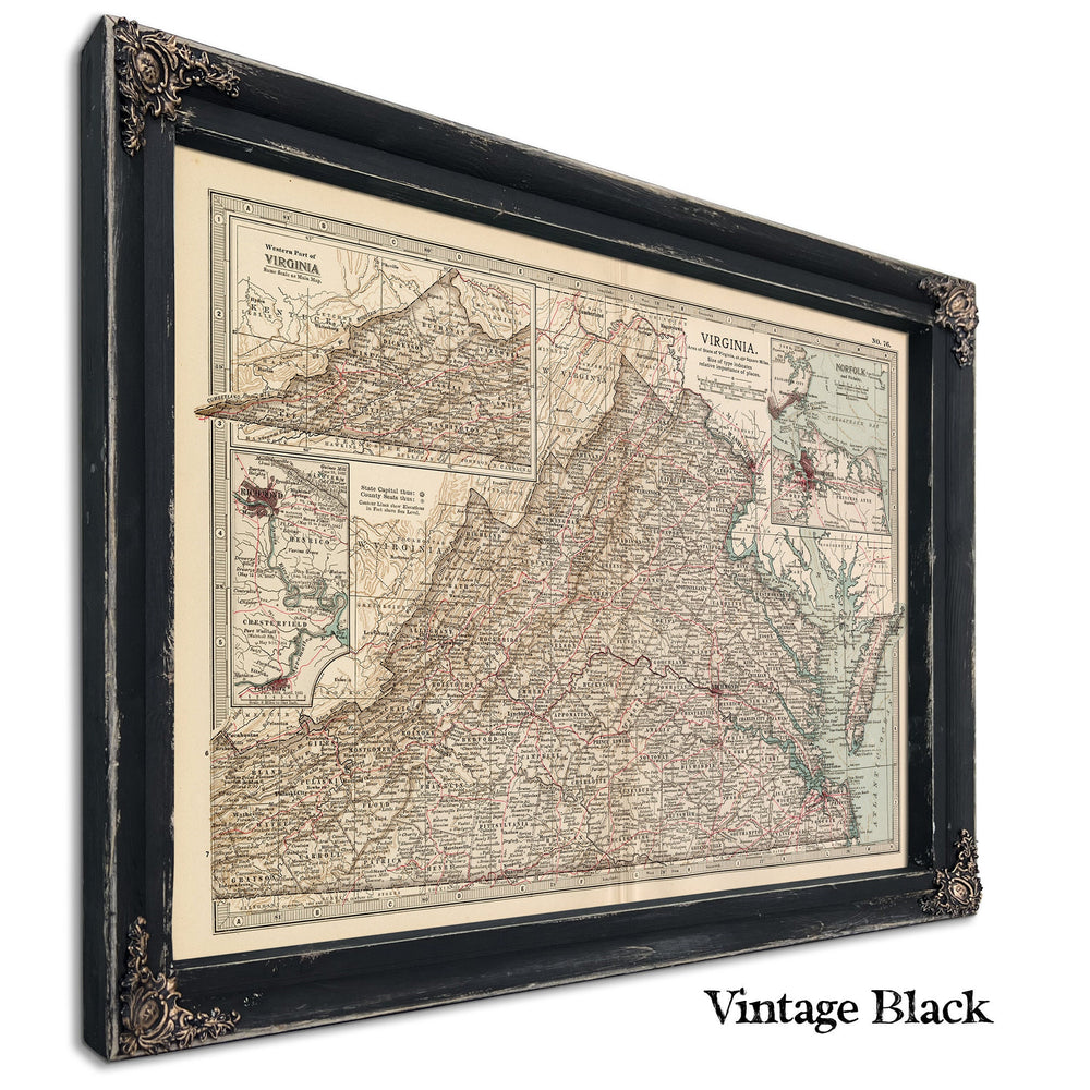 Framed Virginia Vintage Map - Ornate Embellishment Frame with Print