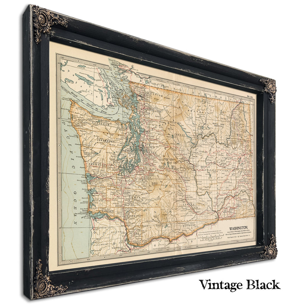 Framed Washington Vintage Map - Ornate Embellishment Frame with Print