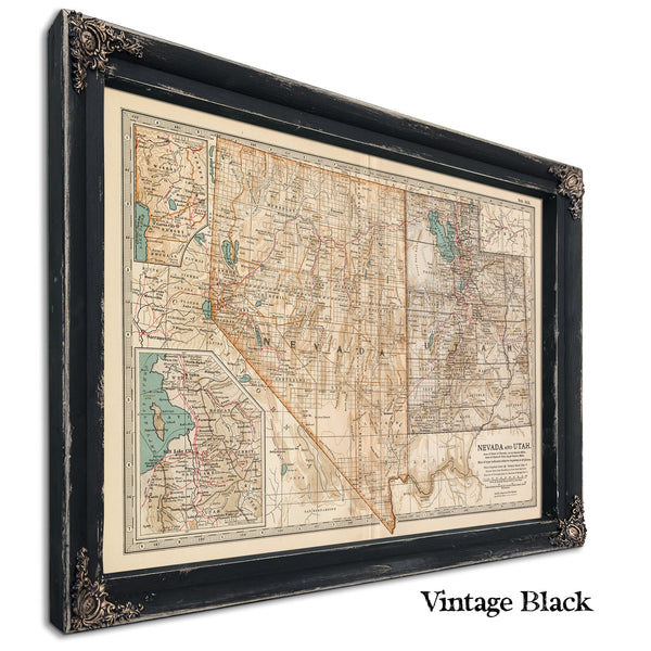 Framed Nevada and Utah Vintage Map - Ornate Embellishment Frame with Print