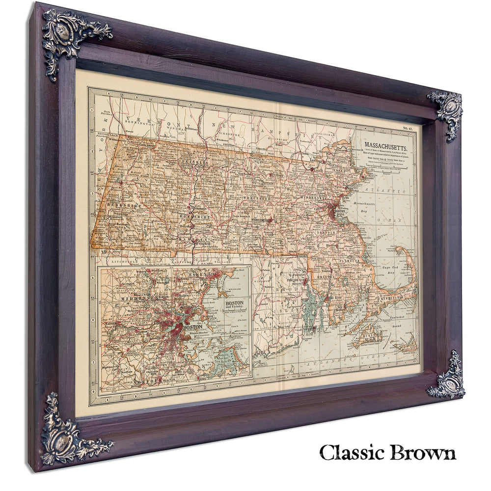 Framed Massachusetts Vintage Map - Ornate Embellishment Frame with Print