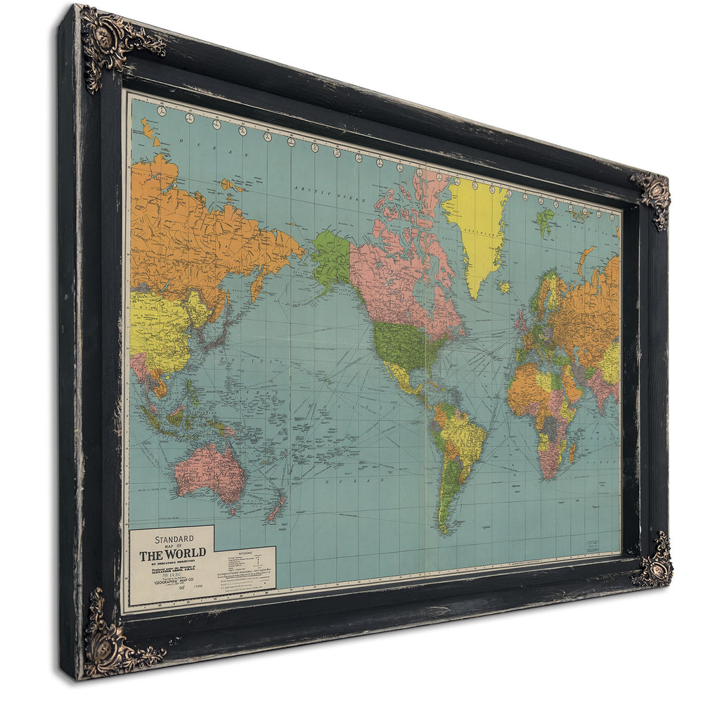 Framed World Vintage Map - Ornate Embellishment Frame with Print