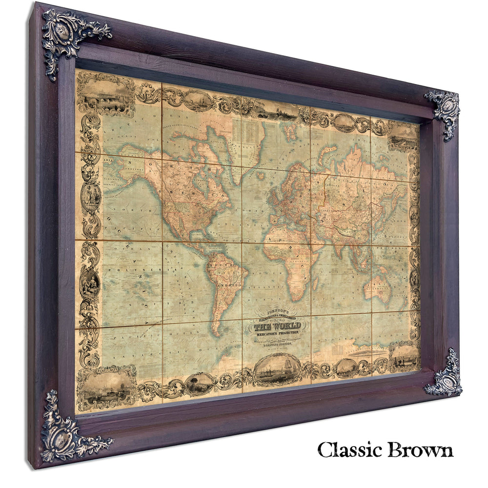 Framed World 1847 Vintage Map - Ornate Embellishment Frame with Print