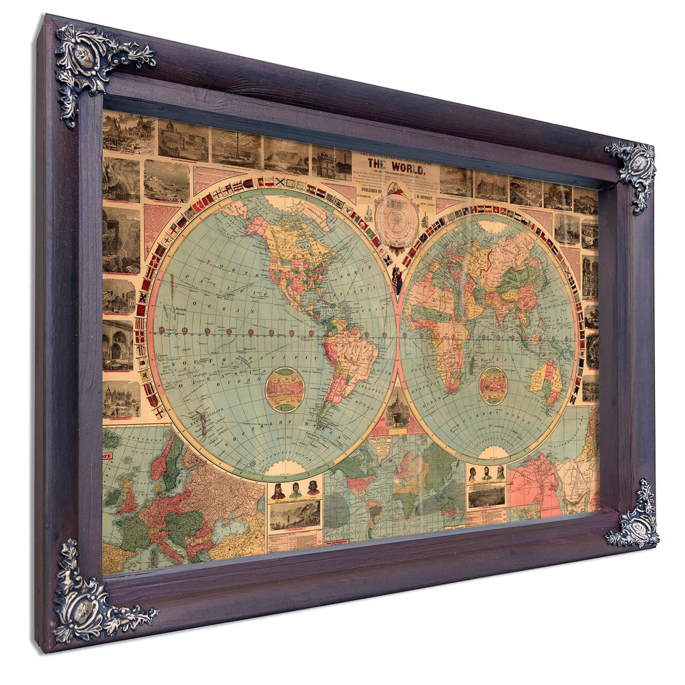 Framed World 1883 Vintage Map - Ornate Embellishment Frame with Print