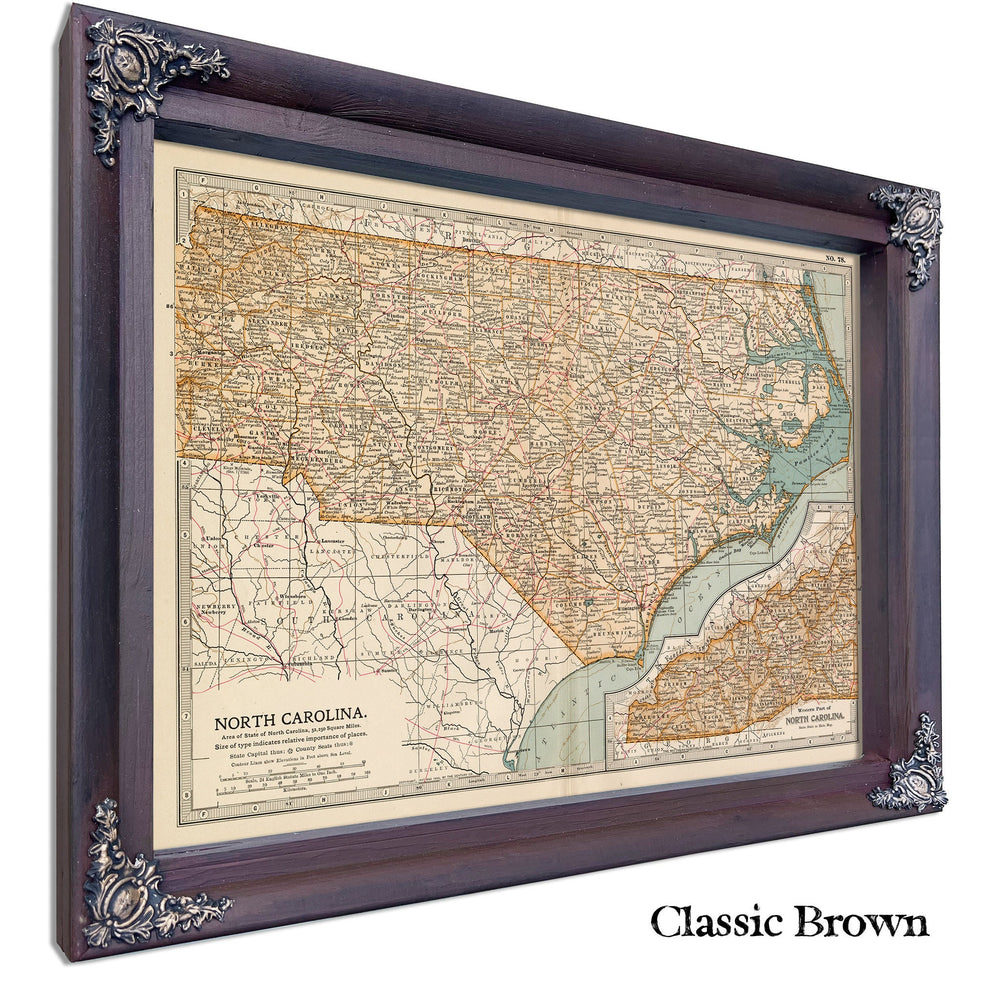 Framed North Carolina Vintage Map - Ornate Embellishment Frame with Print