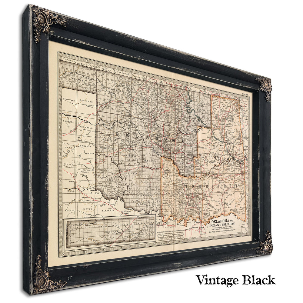 Framed Oklahoma And Indian Territory Vintage Map - Ornate Embellishment Frame with Print