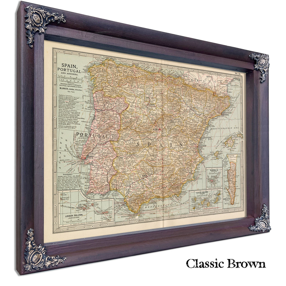 Framed Spain and Portugal Vintage Map - Ornate Embellishment Frame with Print