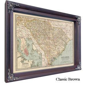 Framed South Carolina Vintage Map - Ornate Embellishment Frame with Print