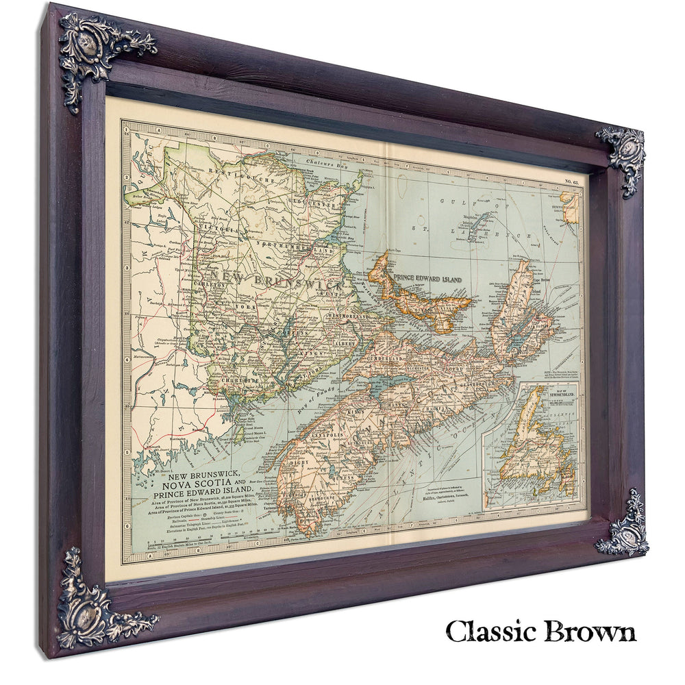 Framed New Brunswick Nova Scotia And Prince Edward Island Vintage Map - Ornate Embellishment Frame with Print