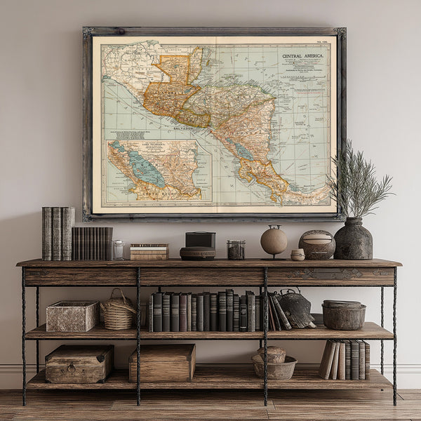 Framed Central America Vintage Map - Ornate Embellishment Frame with Print