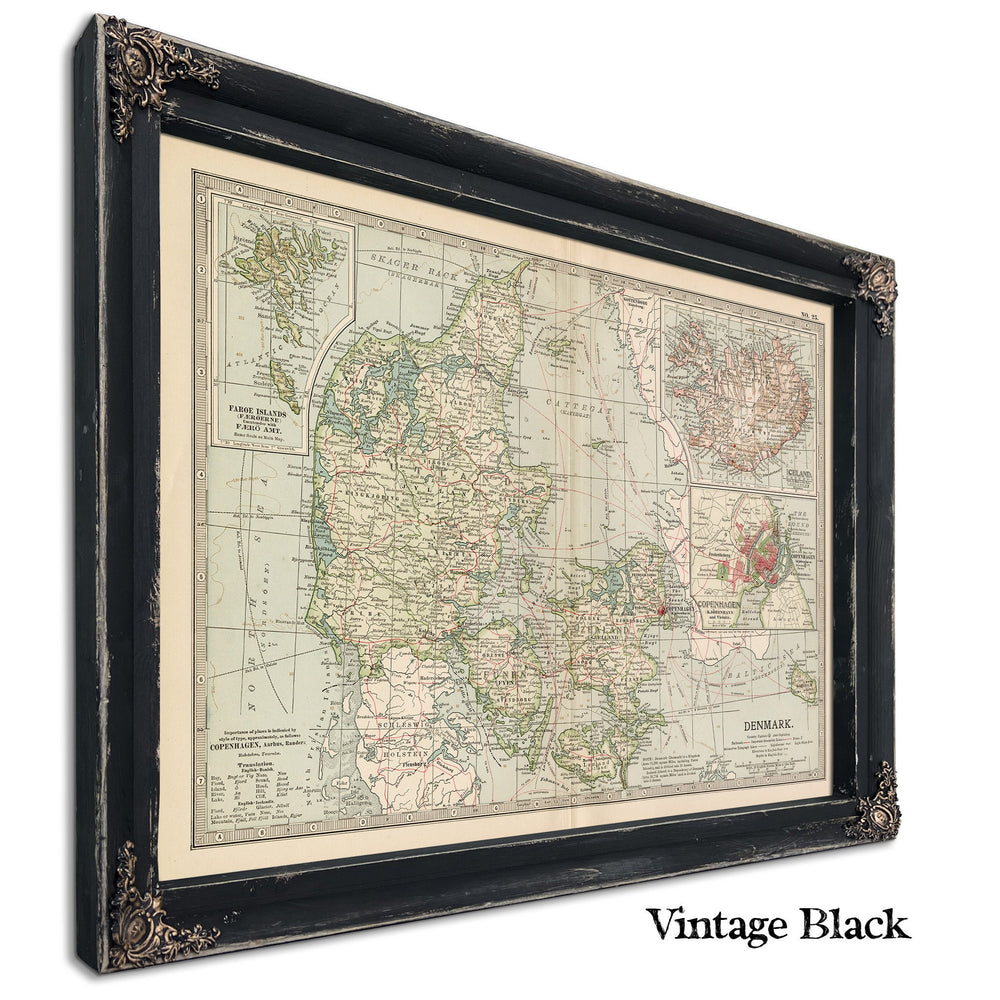 Framed Denmark Vintage Map - Ornate Embellishment Frame with Print