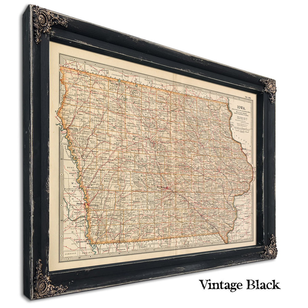 Framed Iowa Vintage Map - Ornate Embellishment Frame with Print