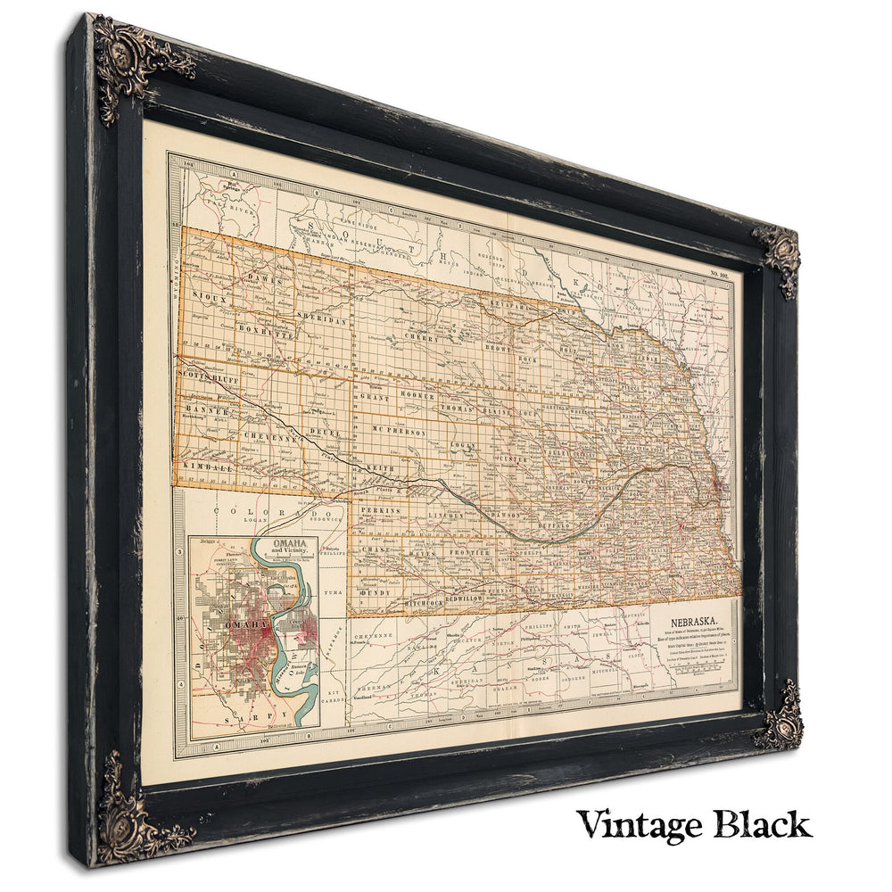 Framed Nebraska Vintage Map - Ornate Embellishment Frame with Print