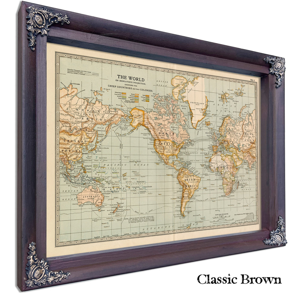 Framed World Vintage Map - Ornate Embellishment Frame with Print