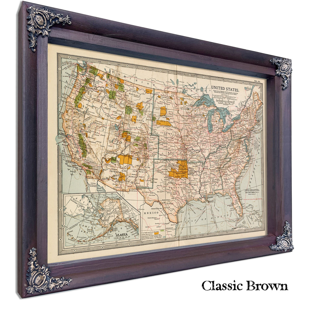 Framed United States Vintage Map - Ornate Embellishment Frame with Print