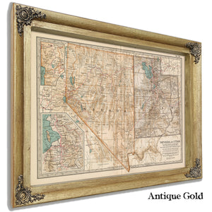 Framed Nevada and Utah Vintage Map - Ornate Embellishment Frame with Print