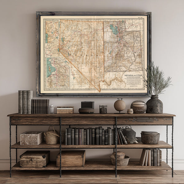 Framed Nevada and Utah Vintage Map - Ornate Embellishment Frame with Print