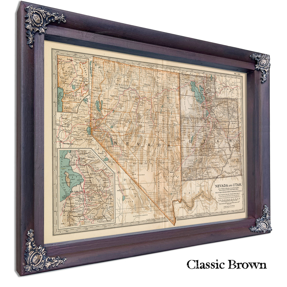 Framed Nevada and Utah Vintage Map - Ornate Embellishment Frame with Print