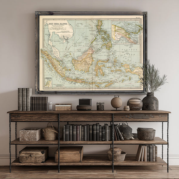 Framed East India Islands (Malaysia and Melanesia) Vintage Map - Ornate Embellishment Frame with Print