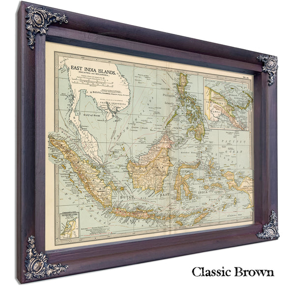 Framed East India Islands (Malaysia and Melanesia) Vintage Map - Ornate Embellishment Frame with Print