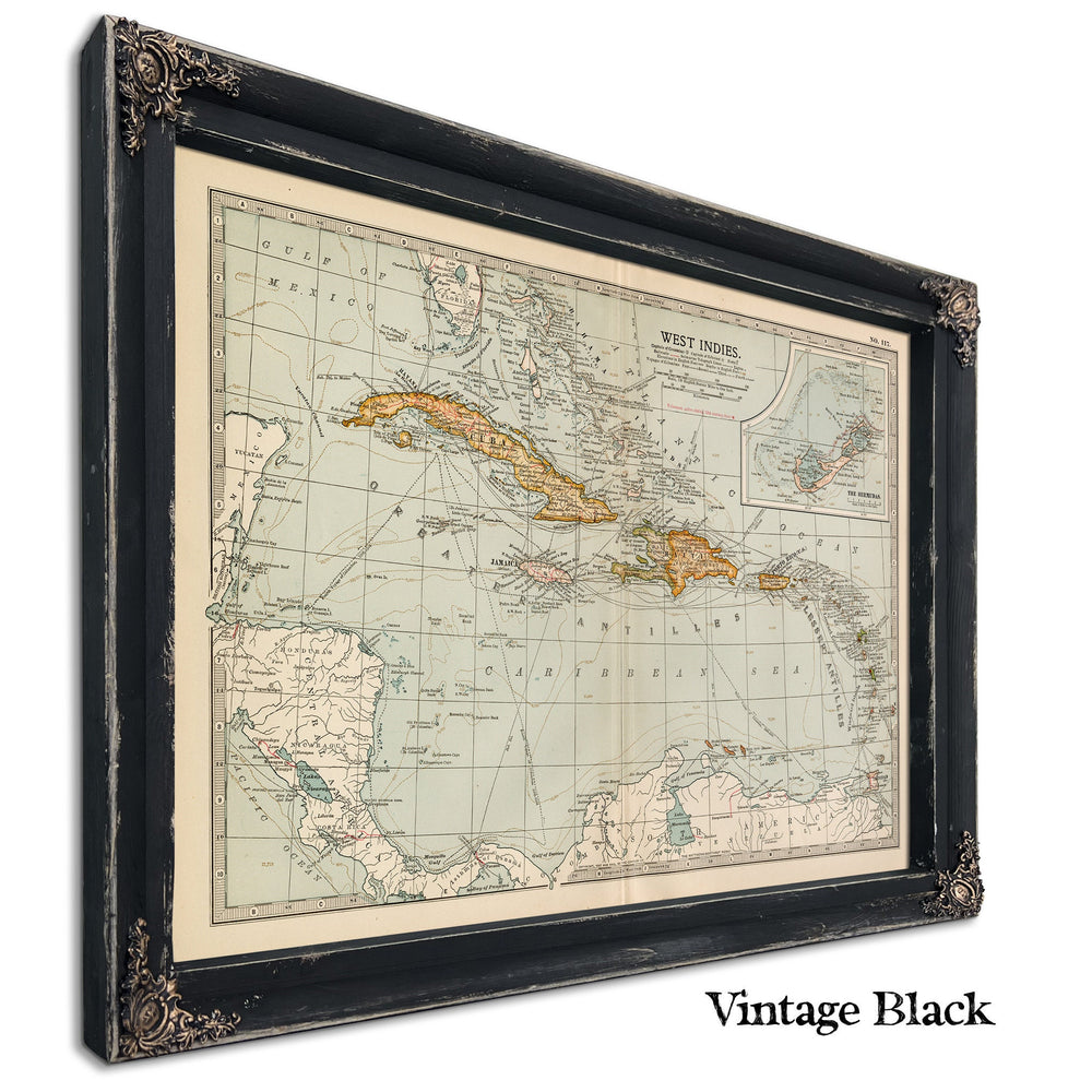 Framed West Indies Vintage Map - Ornate Embellishment Frame with Print