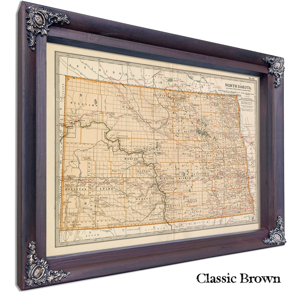 Framed North Dakota Vintage Map - Ornate Embellishment Frame with Print