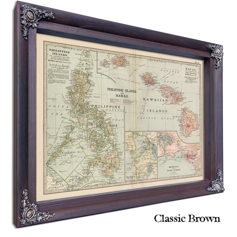 Framed Philippines Islands and Hawaii Vintage Map - Ornate Embellishment Frame with Print