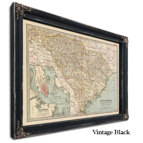 Framed South Carolina Vintage Map - Ornate Embellishment Frame with Print