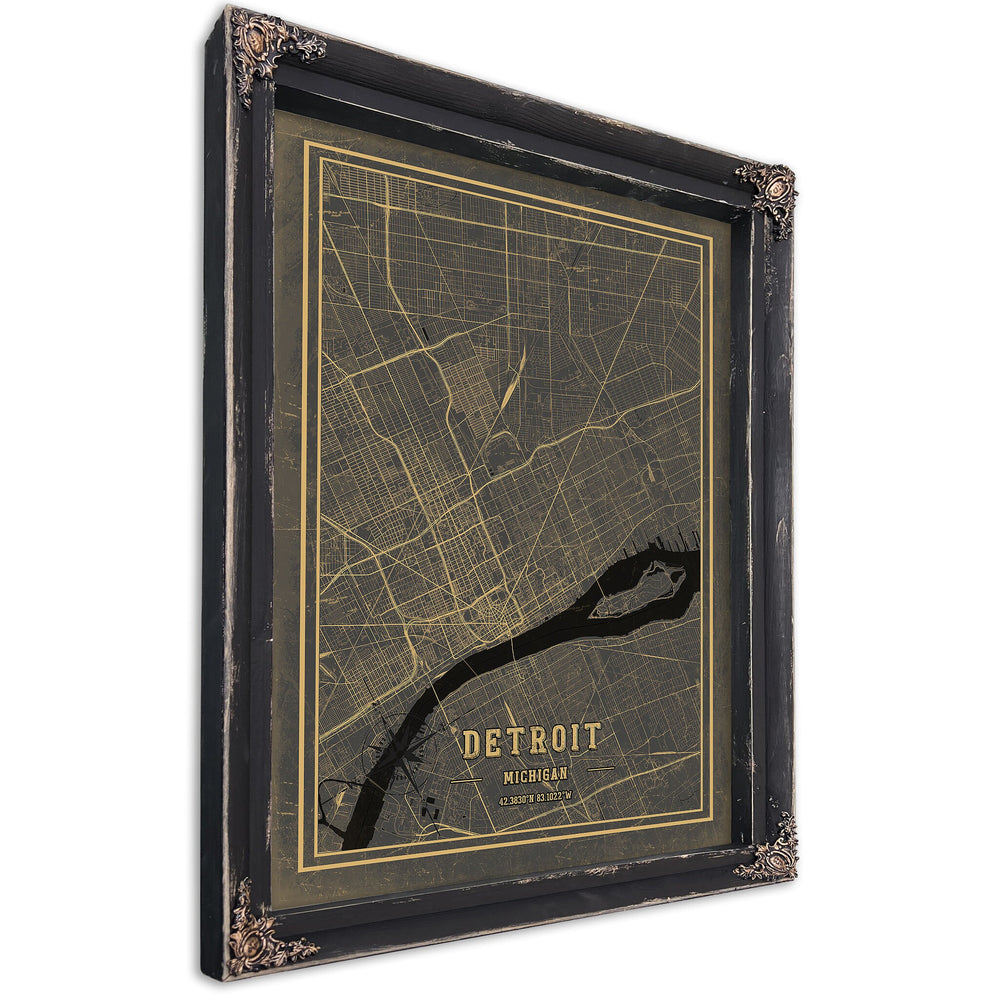 Framed Detroit Vintage Map - Ornate Embellishment Frame with Print