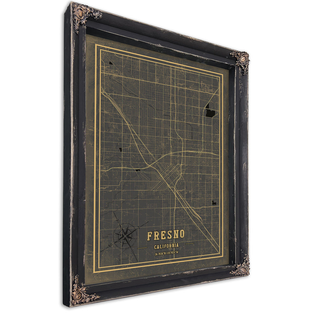 Framed Fresno Vintage Map - Ornate Embellishment Frame with Print