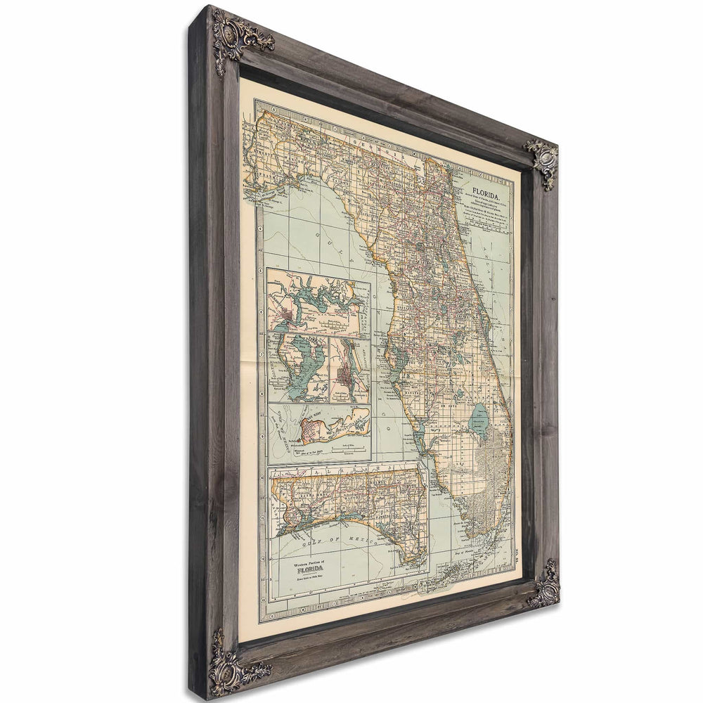 Framed Florida Vintage Map - Ornate Embellishment Frame with Print