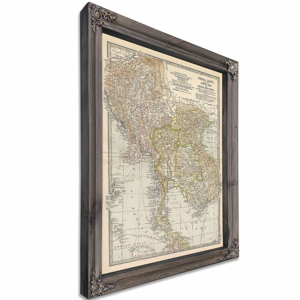 Framed Idia, East, Burma, Siam, French Indo-China Vintage Map - Ornate Embellishment Frame with Print