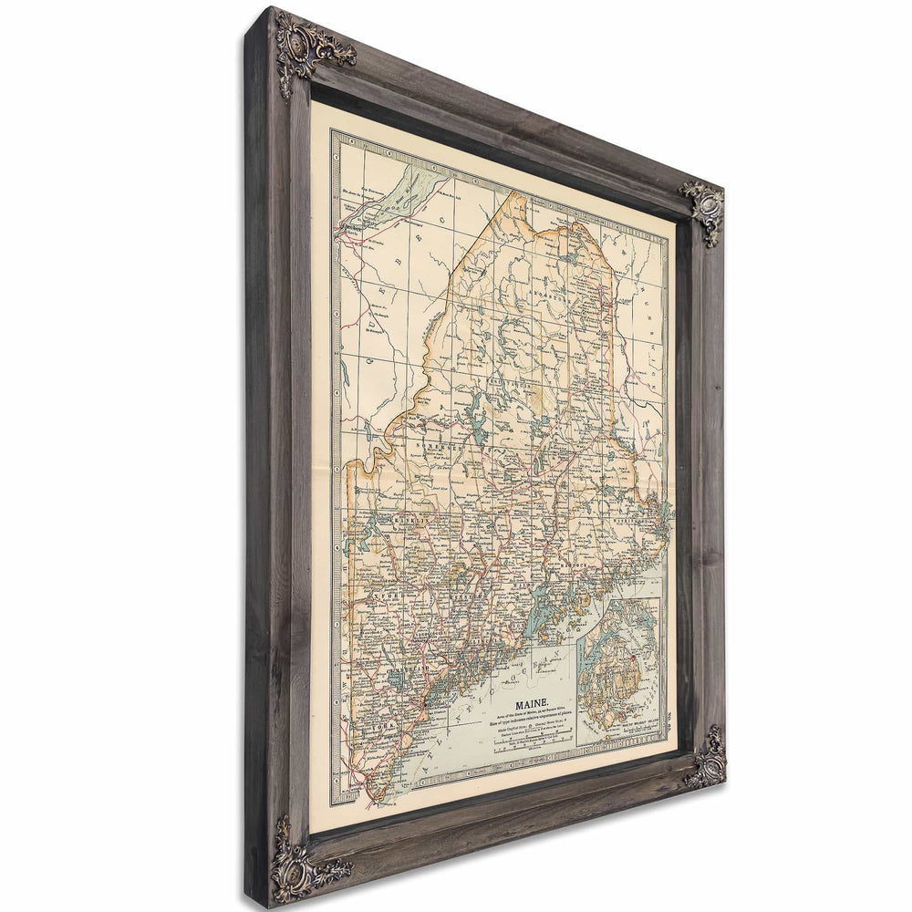 Framed Maine Vintage Map - Ornate Embellishment Frame with Print